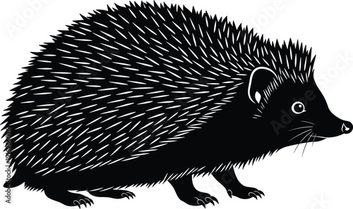 Black hedgehog silhouette icon featuring detailed sharp quills and spikes for wildlife nature conservation forest animals and autumnal garden creature graphics,