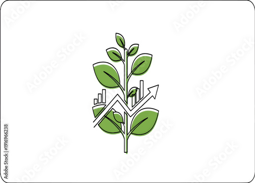 Green plant growth concept with rising financial arrow and bar chart for sustainable business development