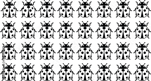 Black ladybug silhouette pattern featuring many small beetles in a repetitive grid for spring garden nature entomology and textile design,