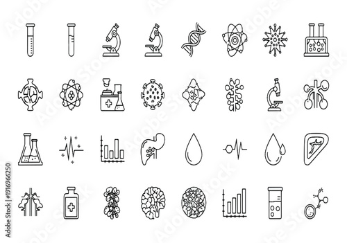 Scientific laboratory icons collection with biochemistry symbols atom models microscope and data analytics