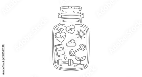 Jar with various health symbols inside.