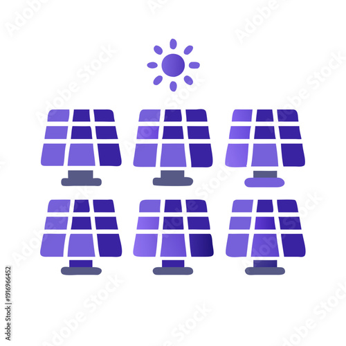 Solar panel array under bright sunlight with a glowing sun icon above