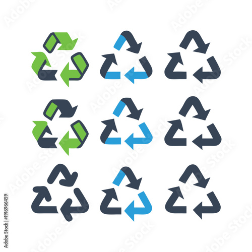 Collection of recycling symbols representing environmental sustainability and waste management