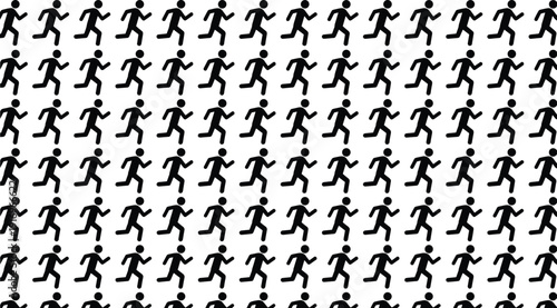 Black stick figure pattern of many people running in one direction for marathon racing fitness competition social movement and group,