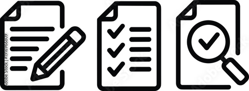 Document and checklist icons in outline style, file management symbols representing verification, approval, editing, audit, and business workflow