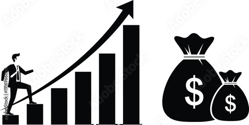 Businessman climbing growth bar chart with arrow and money bags, financial success, career advancement, investment profit, wealth accumulation, economic growth.