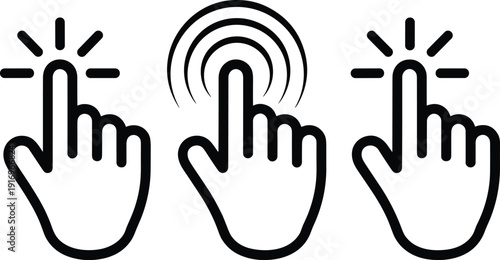 Set of hand click icons in bold outline style, touchscreen gesture symbols representing interaction, tapping, selection, and digital interface