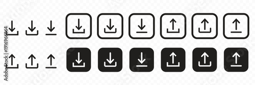 Download and upload icon button set. Icon symbol for download  upload  send file  document  receive  cloud upload  cloud download  cloud storage. Vector icon illustration