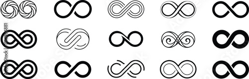 Set of infinity symbols in modern black silhouette style, abstract endless loop icons representing continuity, eternity, balance, and connection