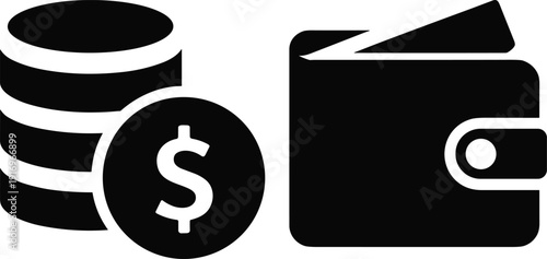 Money and wallet icons in bold black silhouette style, financial symbols representing payment, savings, banking, and digital transactions