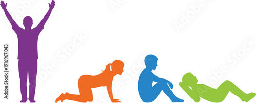 Colorful people silhouette set featuring various stretching and exercise poses for home workout fitness wellness physical therapy and active healthy lifestyle,