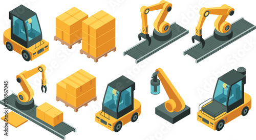 Isometric warehouse automation equipment, forklift trucks, robotic arms, conveyor belts, cargo boxes, industrial logistics illustration collection set design
