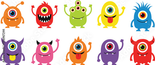 Cute colorful one eyed monster set featuring various funny aliens with horns and teeth for kids birthday party and stickers,