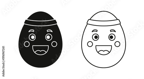 Two cartoon eggs with faces, one black and one white, wearing hats and smiling. Vector