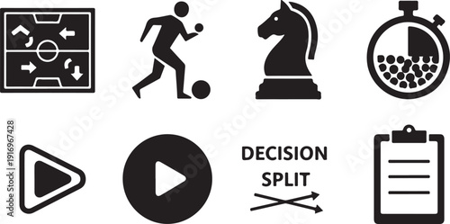 Illustrations of icons representing various aspects of sports and decision making
