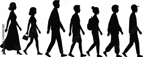 Diverse group of people walking in silhouette featuring men women and teenagers for urban lifestyle pedestrian traffic community and social,