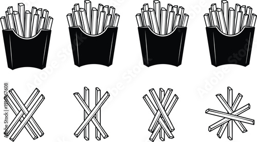 French fries icon set featuring salty potato sticks in paper boxes and scattered snack arrangements for fast food menu design graphics,