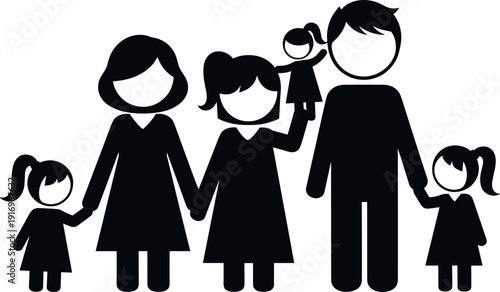 Family silhouette with parents and children holding hands on white background, happy childhood, parenthood, togetherness, domestic life, growth, and love.