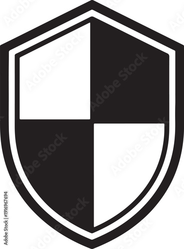 Black and white shield emblem with quartered sections and double outline also transparent background