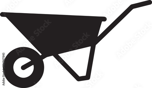 Black silhouette of a single wheelbarrow on a white background also transparent background