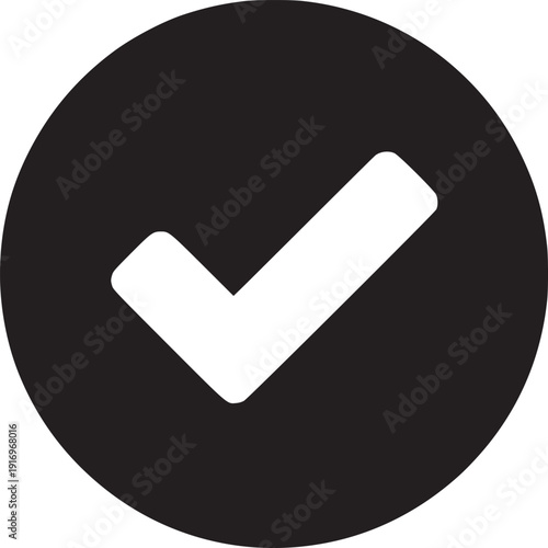 A white check mark inside a black circle on a white background in a simple graphic design style