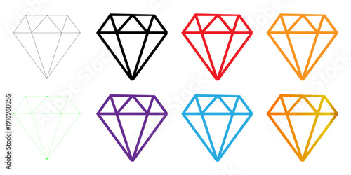 Colorful Diamond Outline Icons Set: Vector Illustration of Precious Gems in Various Hues