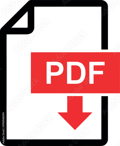 Red P D F download with white text and downward arrow on white background also transparent background