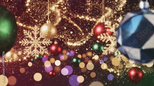 A festive scene with a blurry background of colorful lights and snowflakes