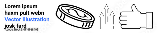 Financial growth, economic success, investment strategies, business profits, savings, and positive outcomes. Coin with a dollar symbol, arrows and thumbs-up icon. Financial growth and economic