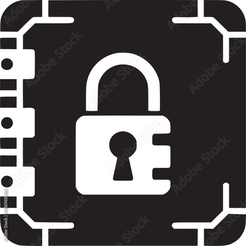 A black and white icon of a locked padlock on a secure document with a square border design element
