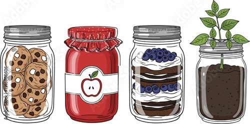 Mason jar set featuring chocolate chip cookies apple jam blueberry cake and a growing green plant for kitchen pantry food storage,