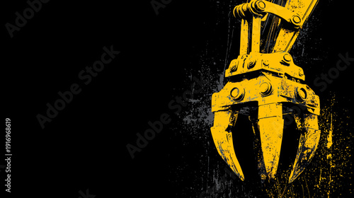 Bold graphic of a yellow construction claw against a dark background with splatter effect