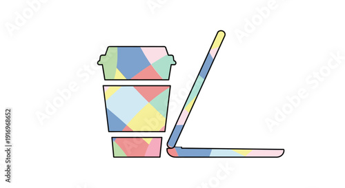 Colorful disposable coffee cup with lid.