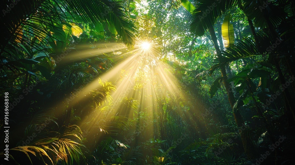 Obraz premium Sunbeams through lush tropical rainforest canopy, nature background