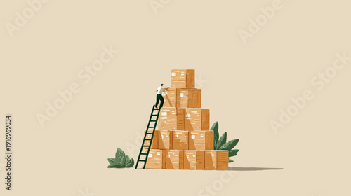 A person climbs a ladder to the top of a stacked cardboard boxes. Green plants are at the base