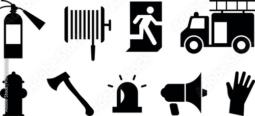 Firefighter icon set including fire truck fire extinguisher and emergency response tools
