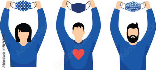 People holding up protective face masks for safety and health, social responsibility, medical protection, community care, prevention of illness concept.