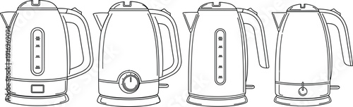 Set of electric kettle line art icons featuring water level indicators and temperature control dials for kitchen appliance vector design.