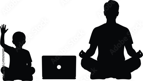 Silhouette of father meditating and child raising hand with laptop, homeschooling concept, remote education, mindful parenting, digital learning, online school.