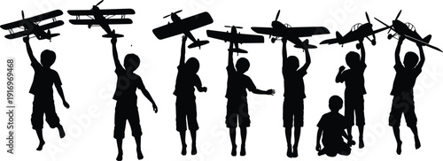 Silhouette of happy children playing with toy airplanes against white background, childhood dreams, imagination, aviation hobby, freedom, youth and future concept.
