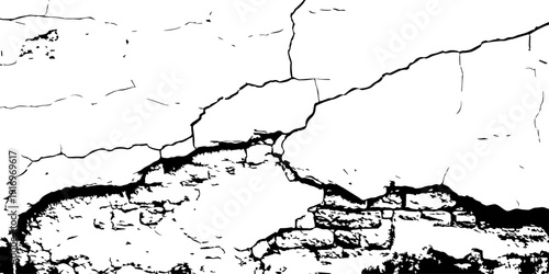 Minimal cracked concrete wall with peeling lower section, bold black and white contrast, abstract distressed surface pattern.