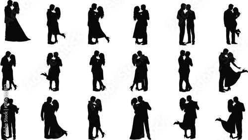 Silhouettes of romantic couples in various loving poses, wedding celebration, ballroom dancing, engagement photography, bridal couple, relationship goals, valentine day.