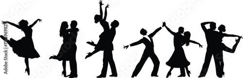 Silhouettes of professional dancers in various elegant poses, ballroom dancing, ballet performance, latin dance, romantic couples, artistic movement, stage entertainment.