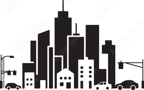 Black and white city skyline with buildings and cars