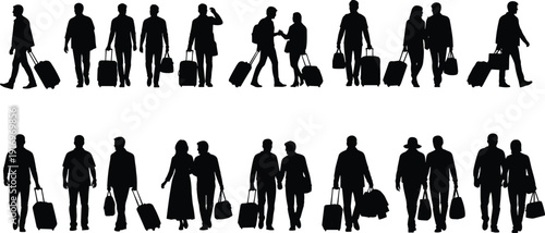 Silhouettes of travelers walking with suitcases and luggage, airport terminal transit, summer vacation, family travel, business trip, global tourism concept.