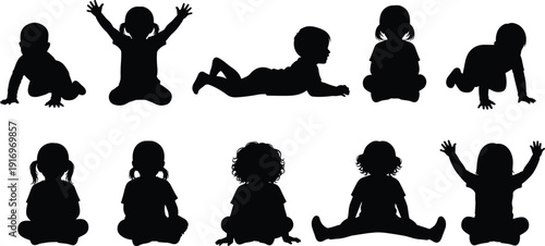 Silhouettes of toddlers and babies in various sitting and crawling poses, early childhood development, nursery icons, infant growth, and play.