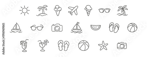 Collection of colorful summer vacation icons on a white background