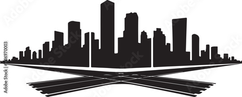 Black and white city skyline with intersecting roads