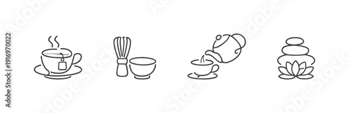Collection of colorful line art icons representing tea ceremony, matcha preparation, and spa relaxation