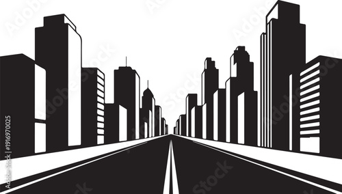 Black and white city skyline with empty road in the center